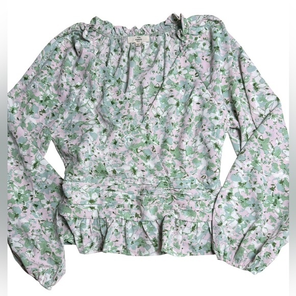 Entro Pastel Green Pink Floral Long Sleeve Ruffle Blouse Size M - Picture 3 of 6